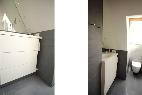 Dachgeschossausbau Bad Weissach: 
Der Badschrank wurde passgenau in die Niesche geplant. Rechts wurde eine kleine Aussparung für Handtücher freigelassen.