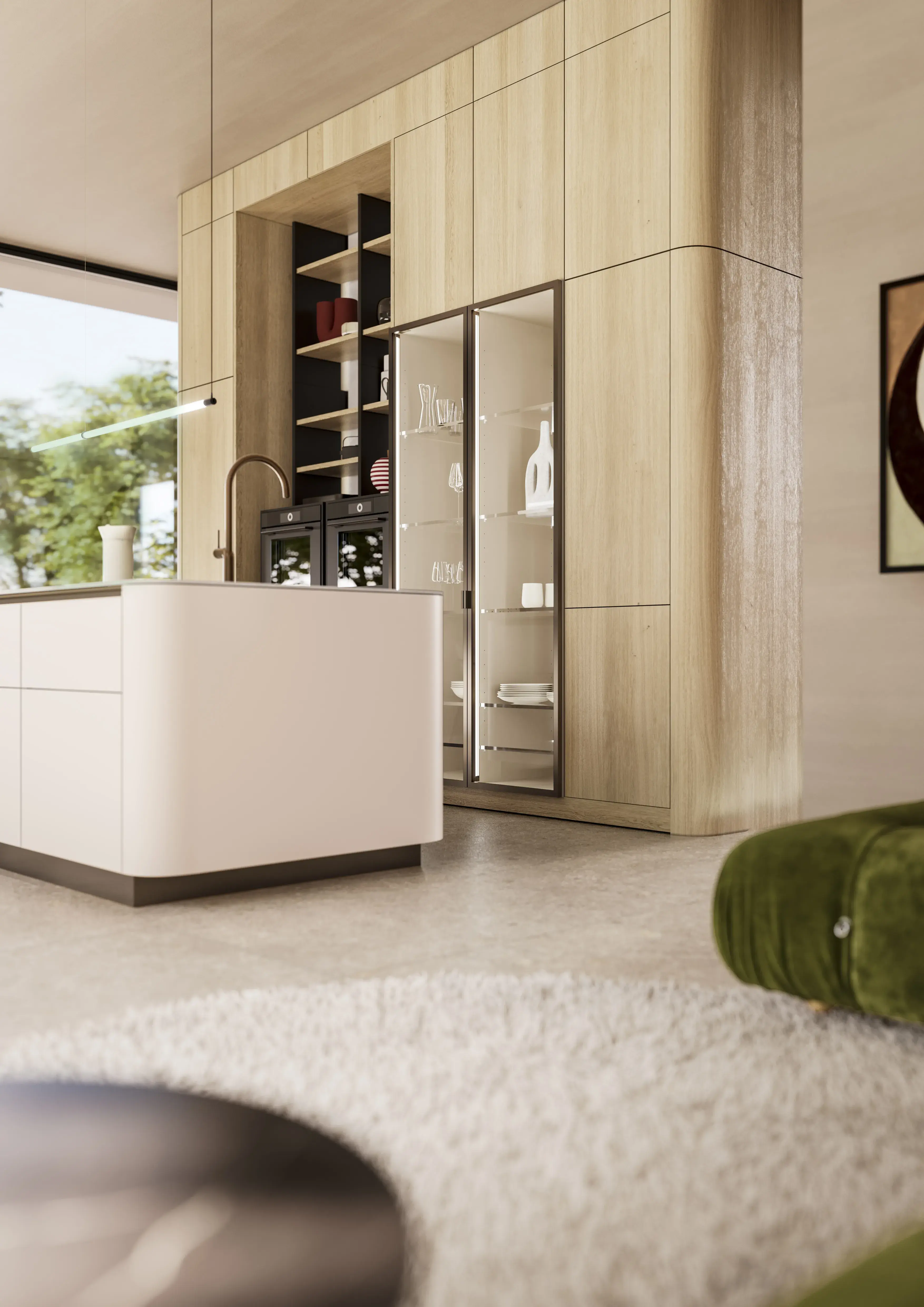 Moderne Küche mit Kücheninsel, viel Holz und großen Fenstern, helle, freundliche Atmosphäre.