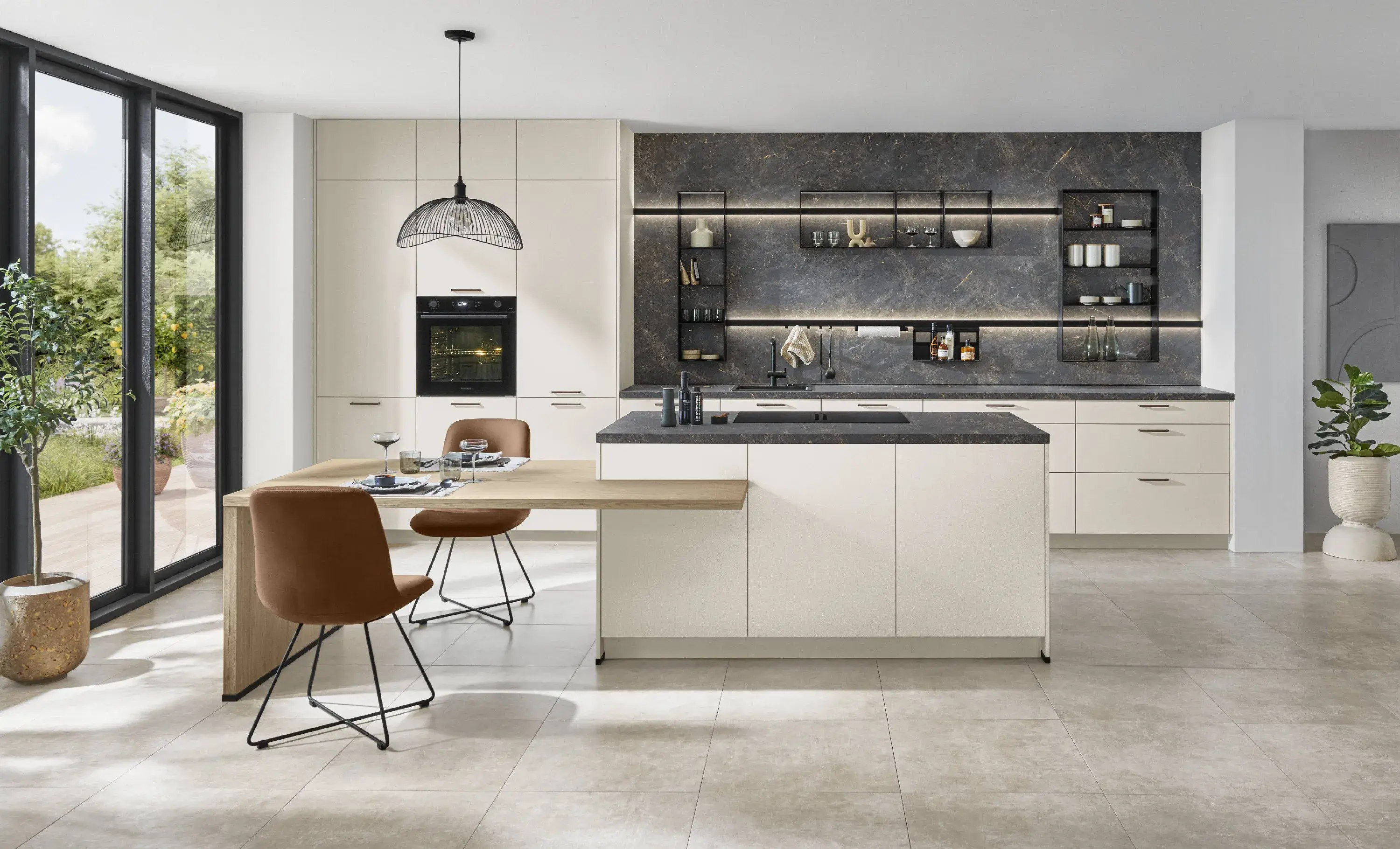 Nobilia Softline Offene weisse Inselküche Kücheninsel mit angesetztem Esstisch